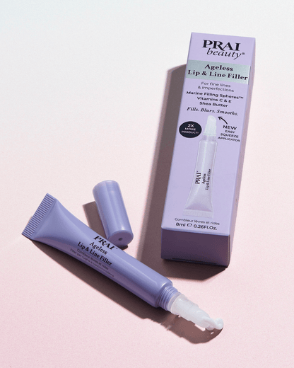 PRAI Beauty Ageless Lip & Line Filler tube showing the 8ml applicator for smoothing lip and fine lines.