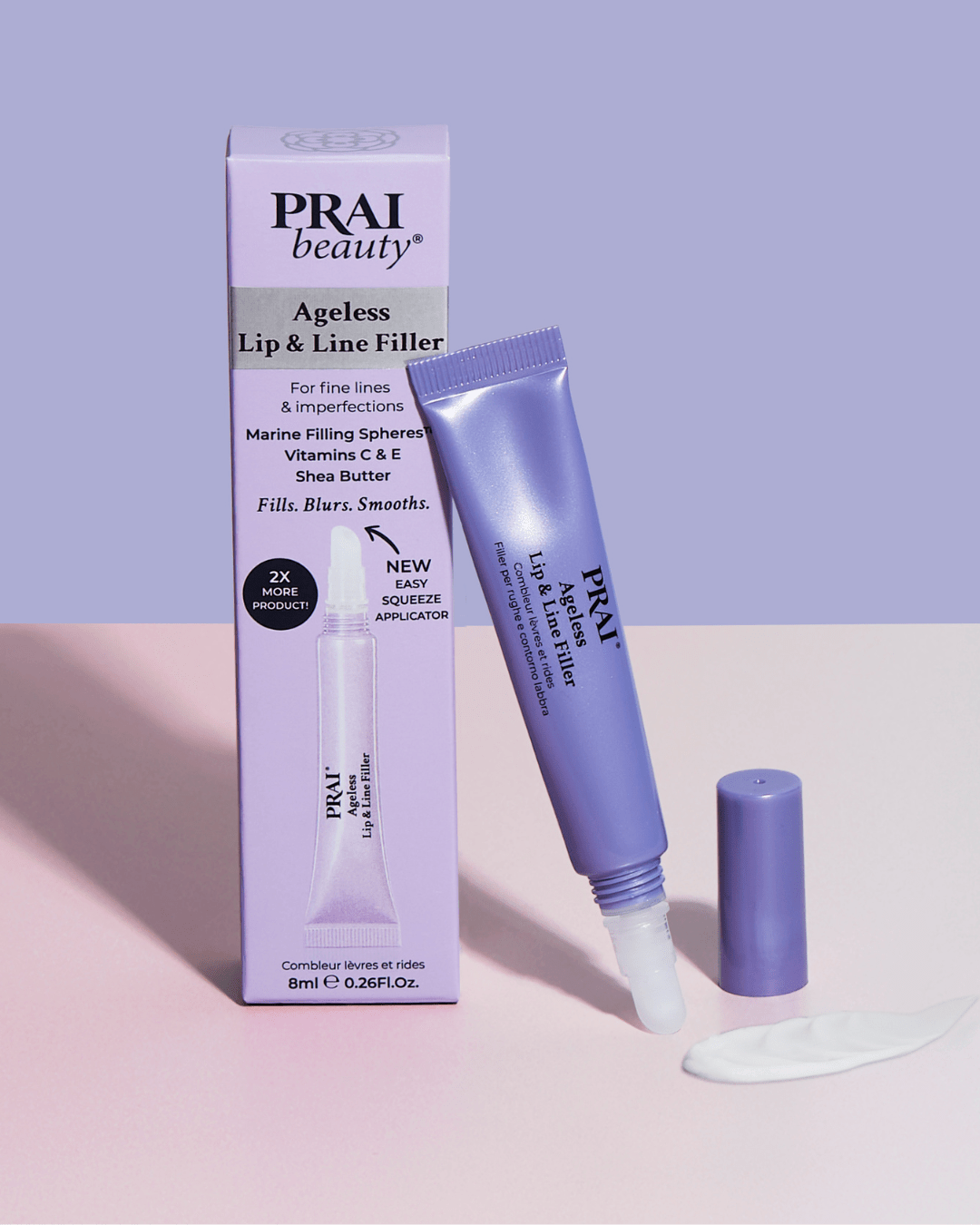 PRAI Beauty Ageless Lip & Line Filler in 8ml tube, designed to reduce fine lines and enhance lip contours.