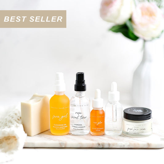 Pretty Farm Girl anti-aging skincare routine essentials kit bundle with various skincare products displayed.