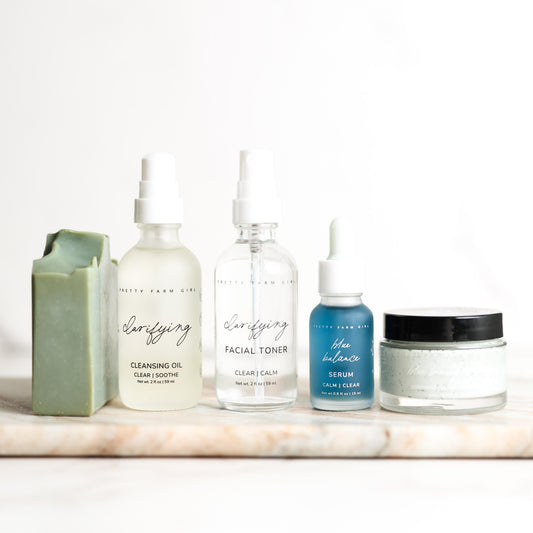 Pretty Farm Girl Skin Redness Skincare Routine Kit bundle with cleansers, serums, and moisturizers for sensitive skin.