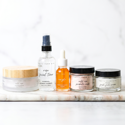 Pretty Farm Girl Starter Radiant Clean Beauty Face Kit bundle with rose glow serum and skincare essentials for a radiant complexion.