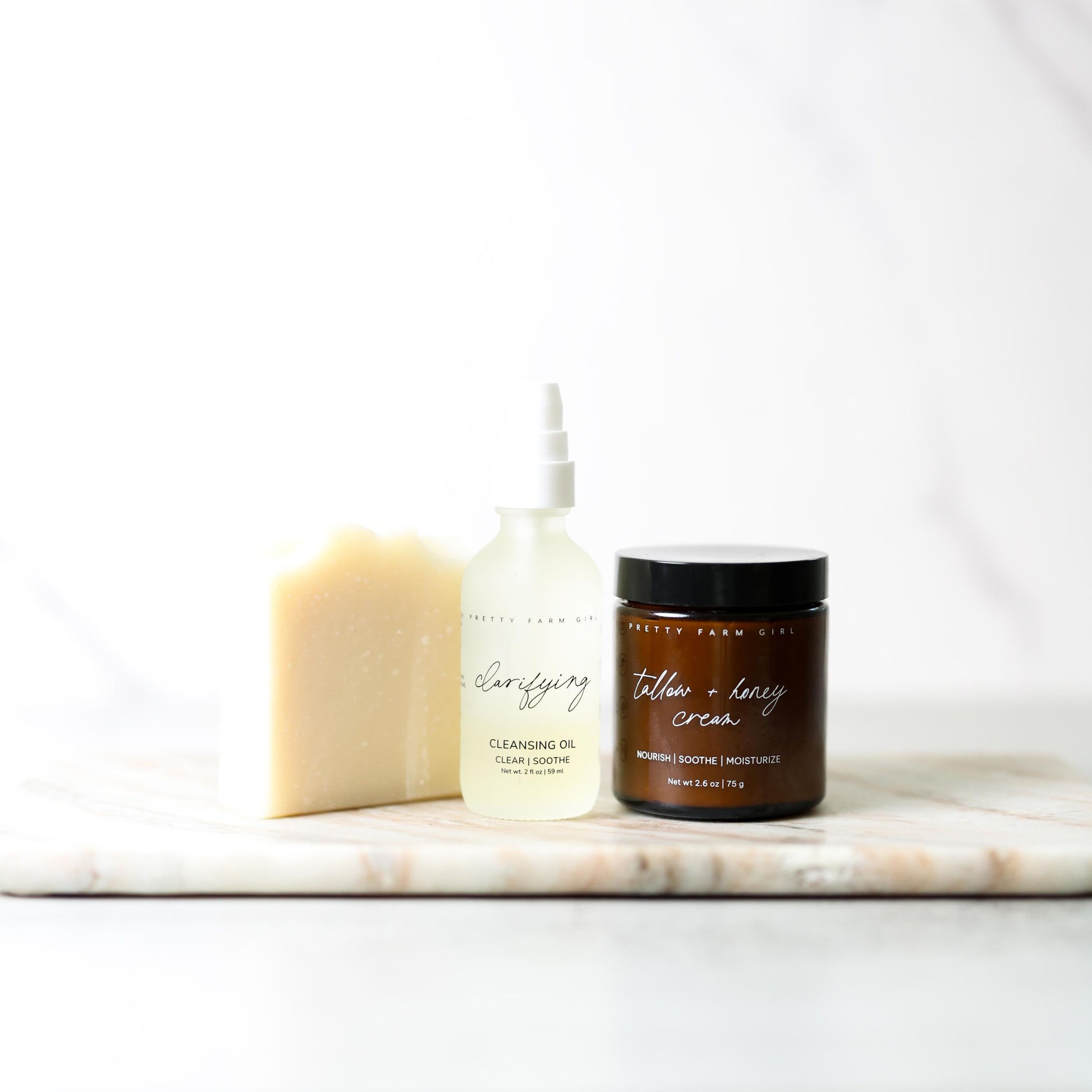 Pretty Farm Girl soothing double cleansing kit for healthy skin, featuring gentle cleansing products in a travel-friendly set.