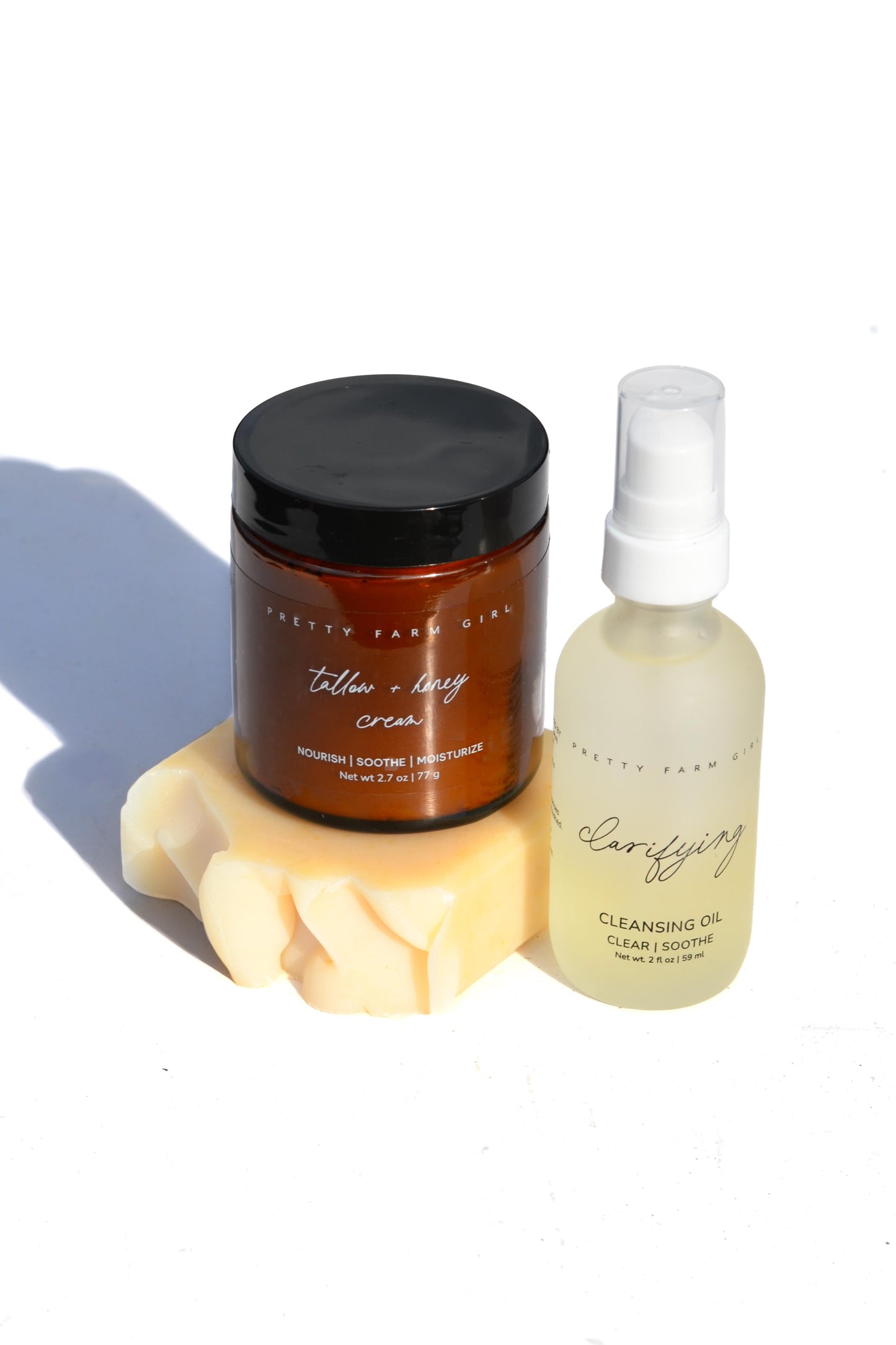 Pretty Farm Girl soothing double cleansing kit for health and beauty, featuring gentle cleanser bottles and soft skincare accessories.