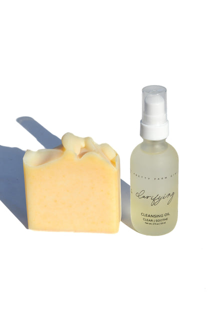 Pretty Farm Girl soothing double cleansing kit for healthy skin, includes gentle cleansing products for a relaxing skincare routine.