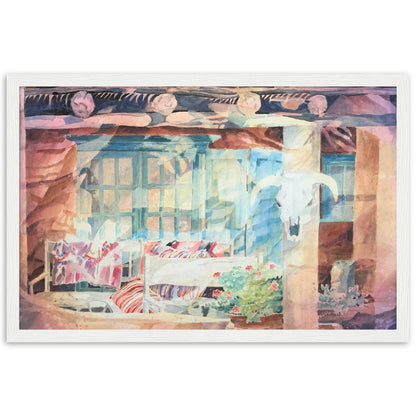 'Southwestern Home' Watercolor I 12x18 inch Wooden Framed Southwest Art Print I Original Artwork by American Artist Barbara Cleary