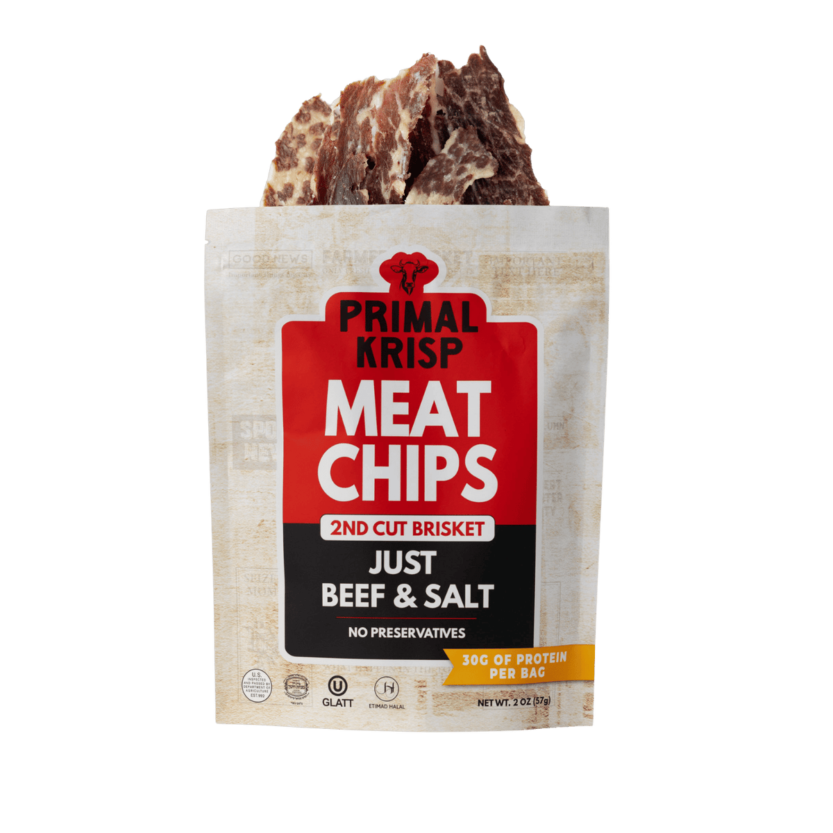 Thinly sliced Primal Krisp 2nd cut brisket in a clear container, showcasing its tender, smoky appearance perfect for sandwiches.