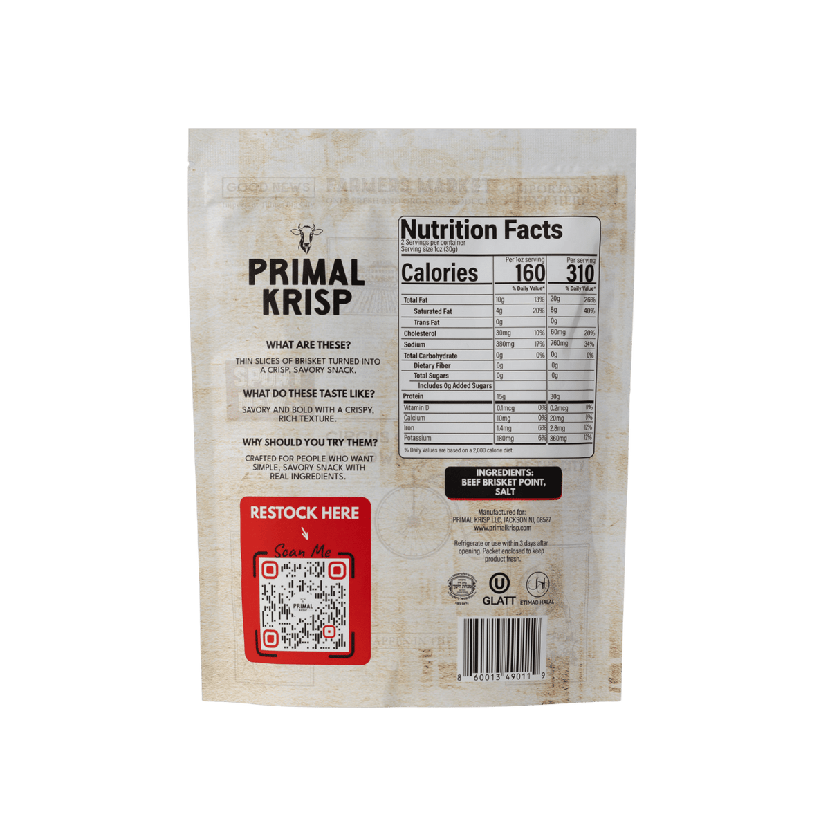 Primal Krisp 2oz second cut brisket showcasing tender beef slices with a rich, smoky flavor.