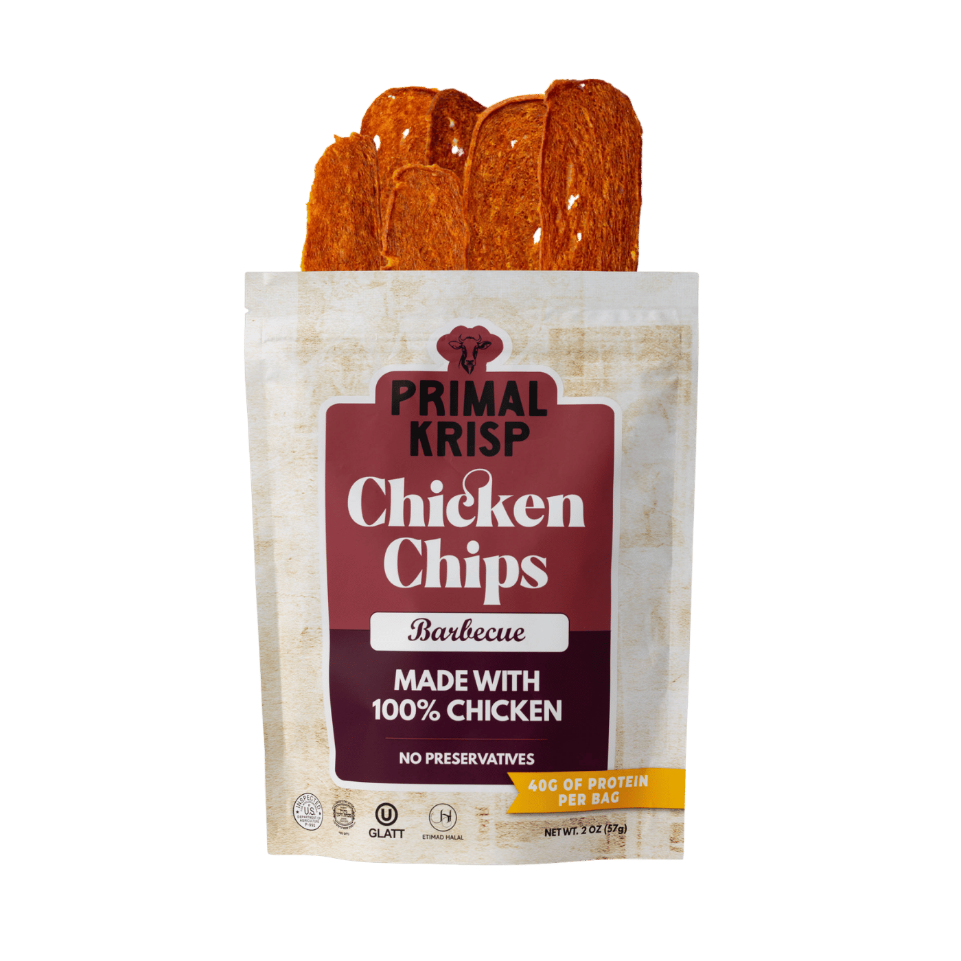 Primal Krisp BBQ Chicken 2oz snack bag showing crispy, seasoned chicken pieces with smoky barbecue flavor.