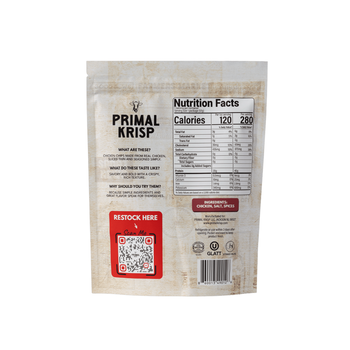 Primal Krisp BBQ Chicken snack bag showing crispy, seasoned chicken pieces in a 2oz package.