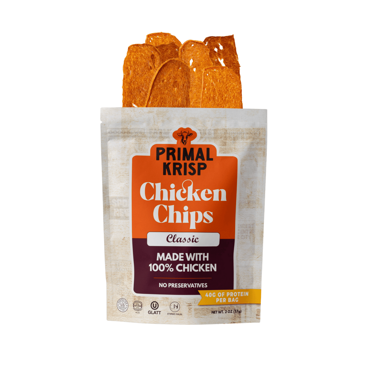 Primal Krisp Classic Chicken 2oz snack bag featuring crispy, seasoned chicken pieces in a resealable pouch.