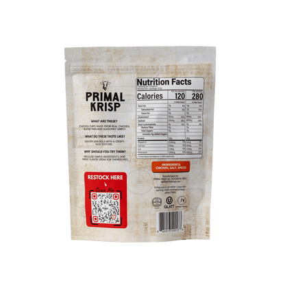 Primal Krisp Classic Chicken snack in 2oz bag, crispy and seasoned chicken pieces with visible golden-brown coating