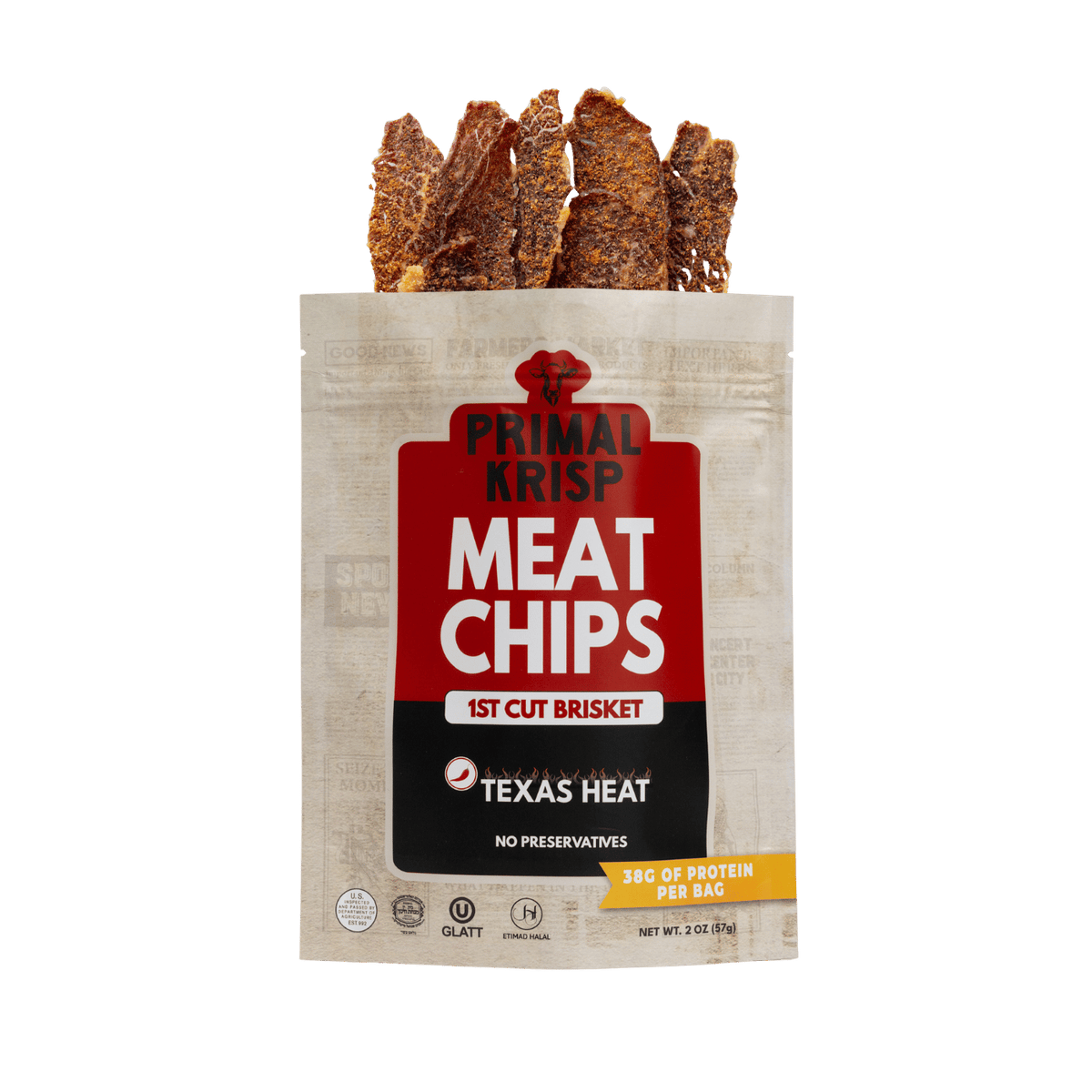 Primal Krisp Texas Heat 2oz spice packet showing bright red chili peppers and seasoning blend for bold flavor.