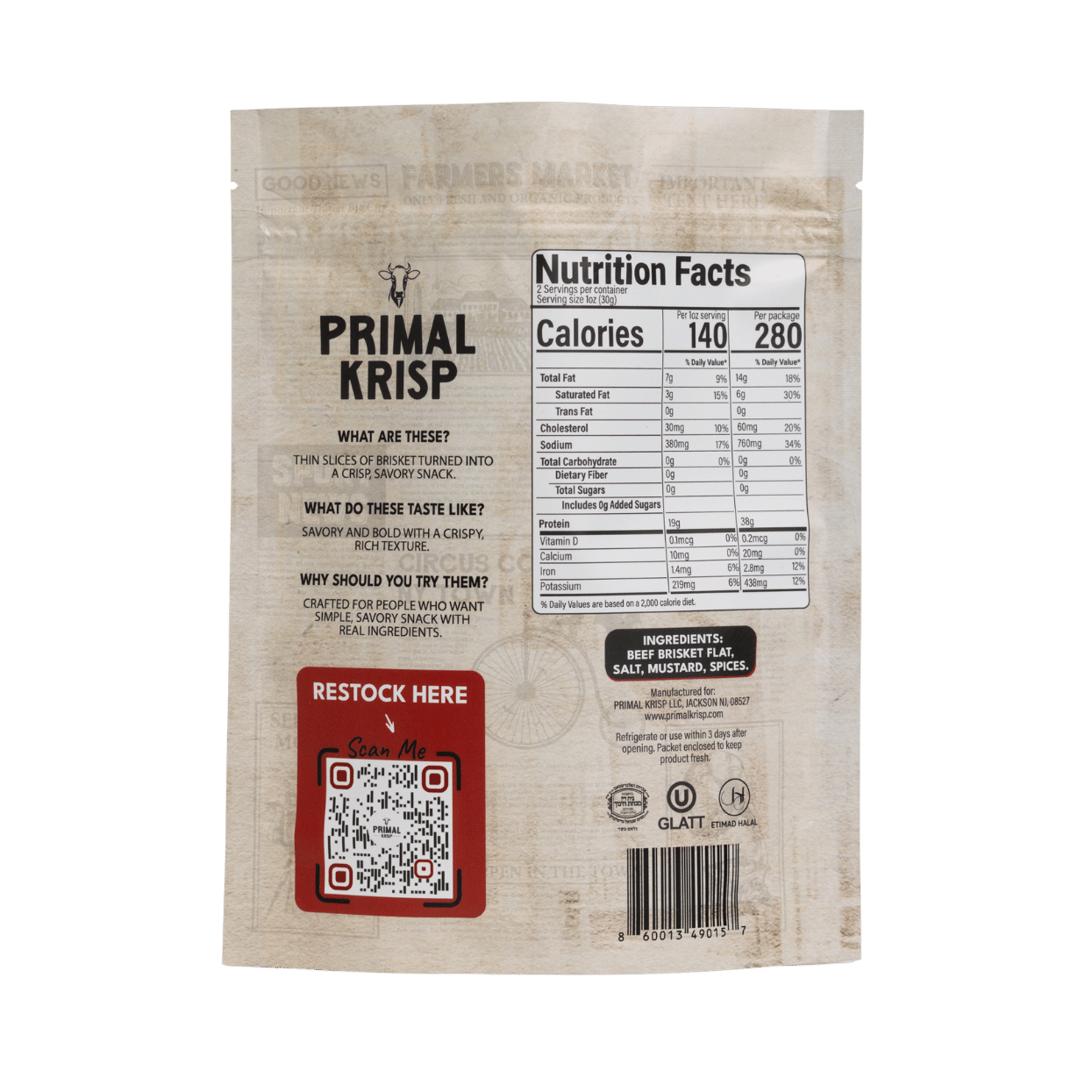 Primal Krisp Texas Heat 2oz container showing spicy snack with fiery Texas-style flavor and vibrant packaging.