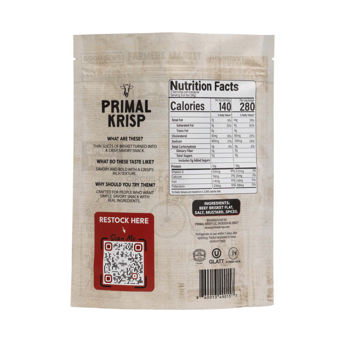 Primal Krisp Texas Heat 2oz container showing spicy snack with fiery Texas-style flavor and vibrant packaging.
