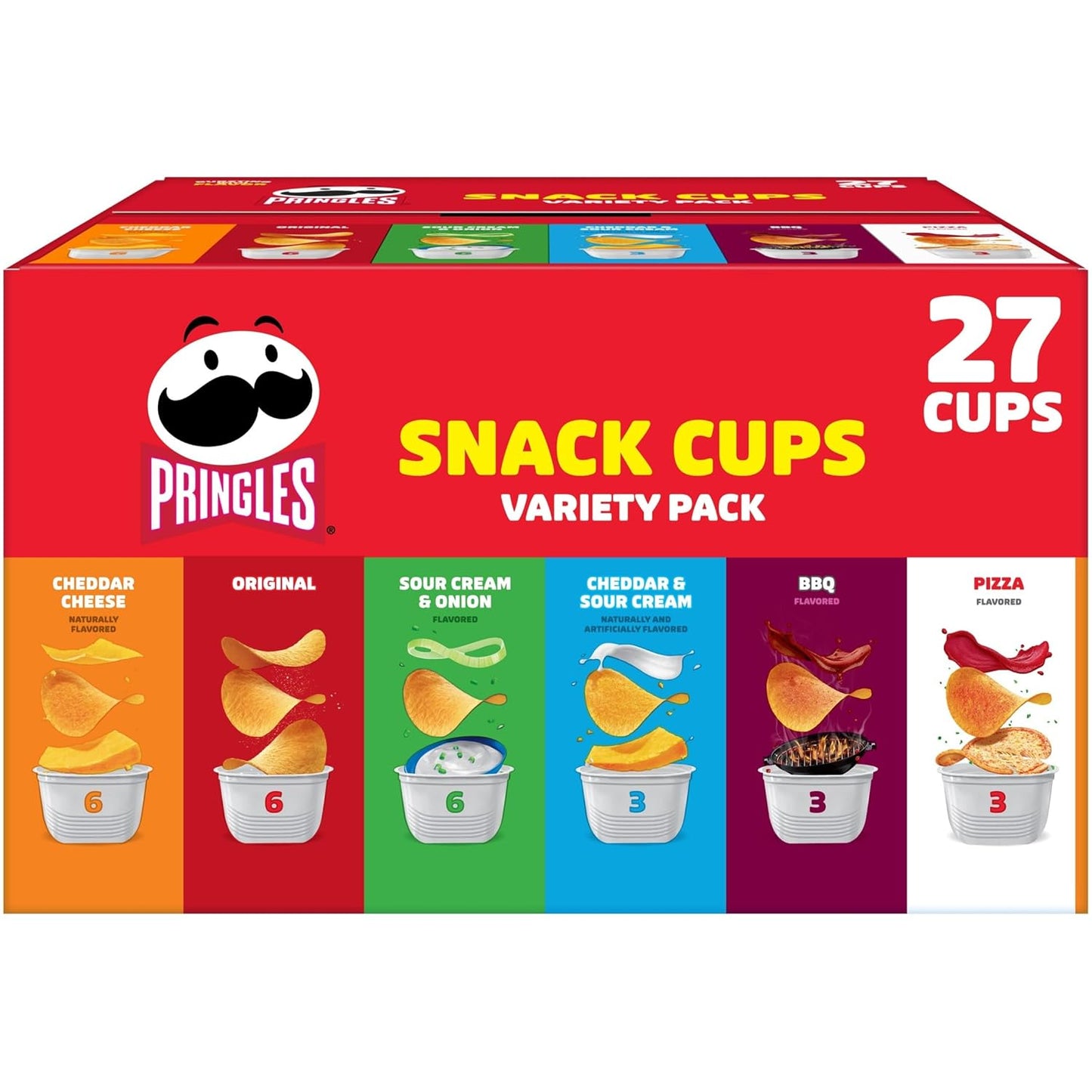 Pringles Potato Crisps snack cups variety pack in a 19.5oz box, featuring 27 snack cups of crunchy chips for lunch or on-the-go.