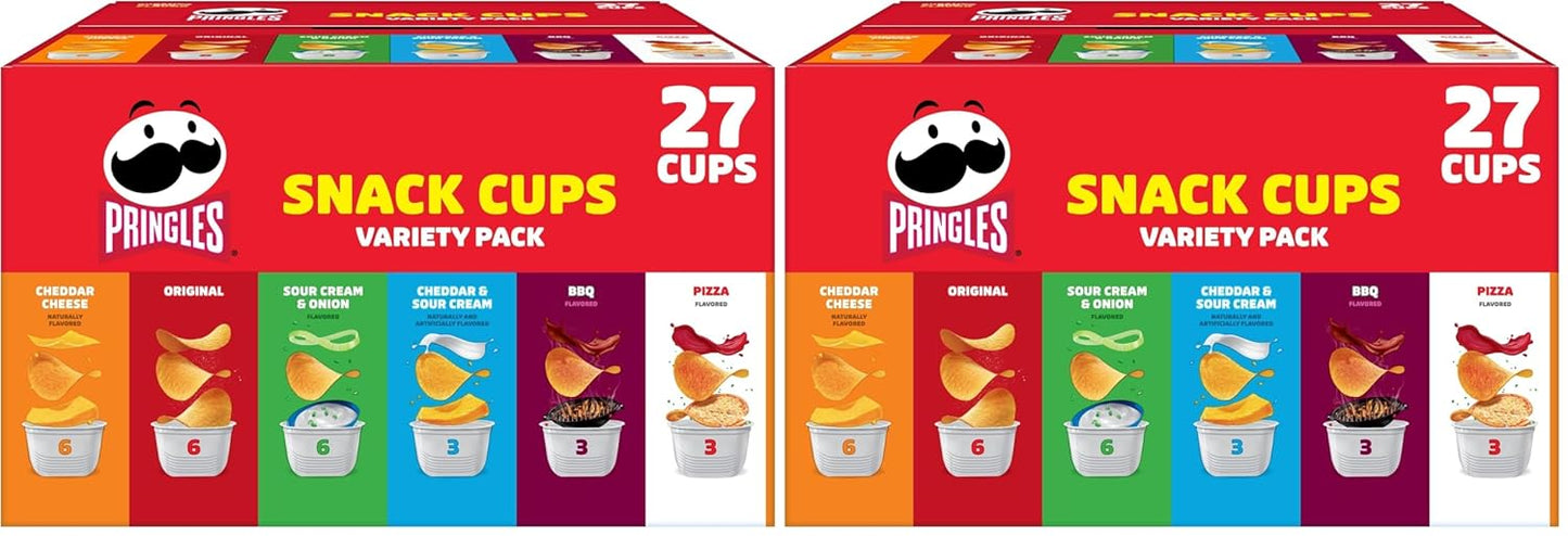 Pringles potato crisps snack cups variety pack in a 19.5oz box, showing colorful snack cups filled with crispy potato chips.