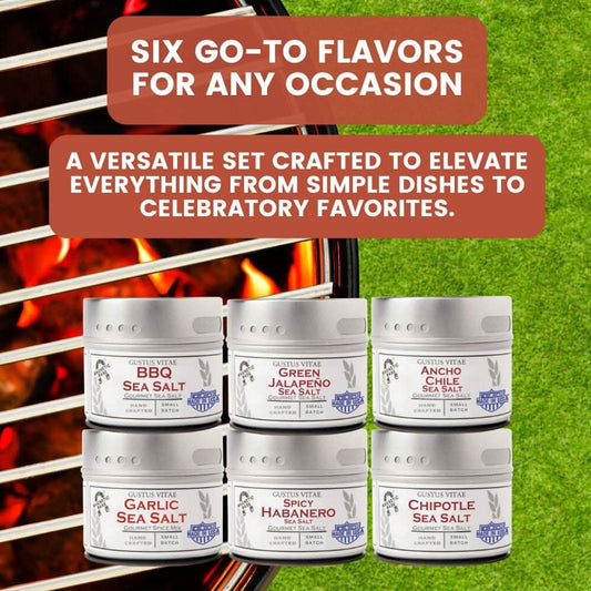 Gustus Vitae Pro Series BBQ and grilling sea salts gift box with six packs of flavored sea salts in a gift set.