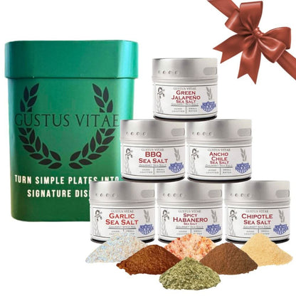 Gustus Vitae Pro Series BBQ & Grilling Sea Salts gift set with six packaged sea salt collections for grilling and cooking.