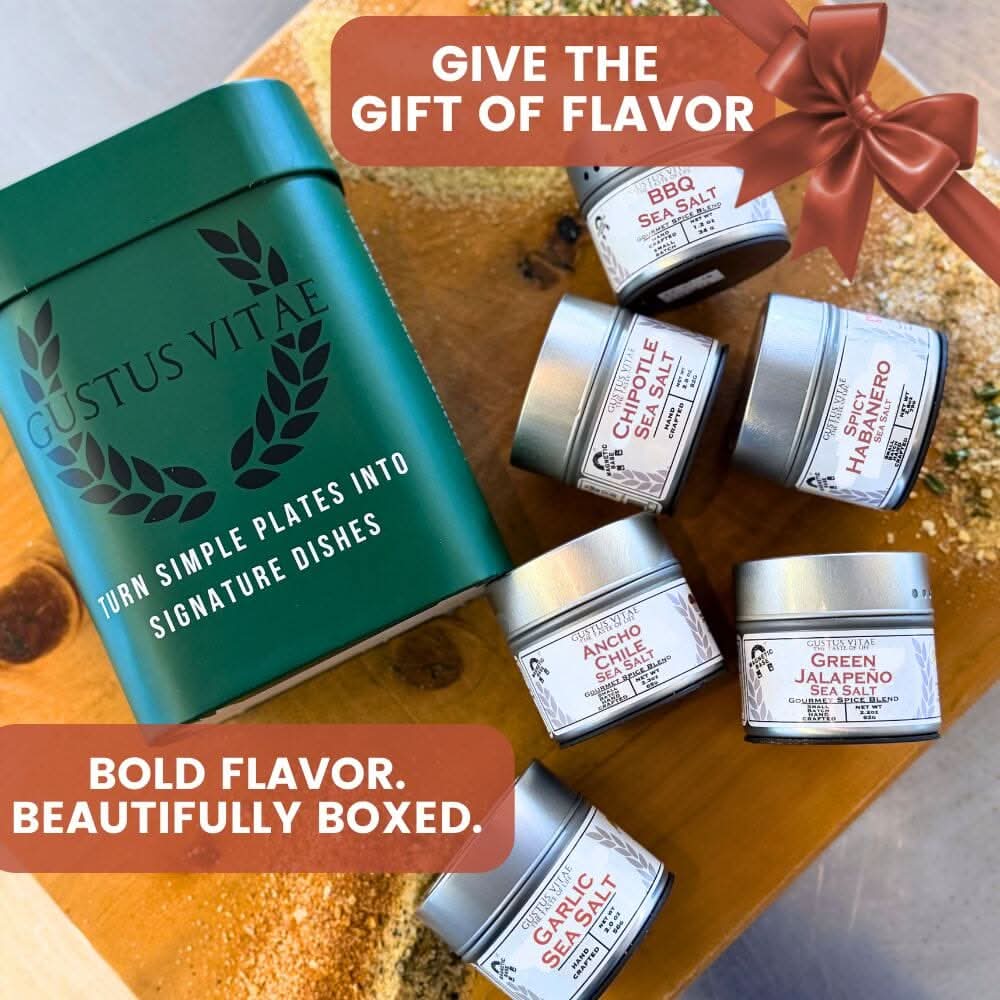 Gustus Vitae Pro Series BBQ & grilling sea salts gift box with six assorted packaged sea salts collection set.