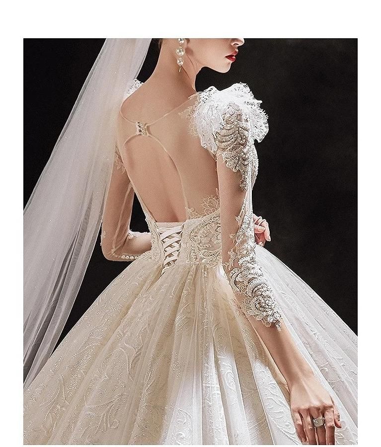 Luxurious EdleessFashion princess wedding gown with shiny pearls, elegant design, and intricate detailing for a bridal look.
