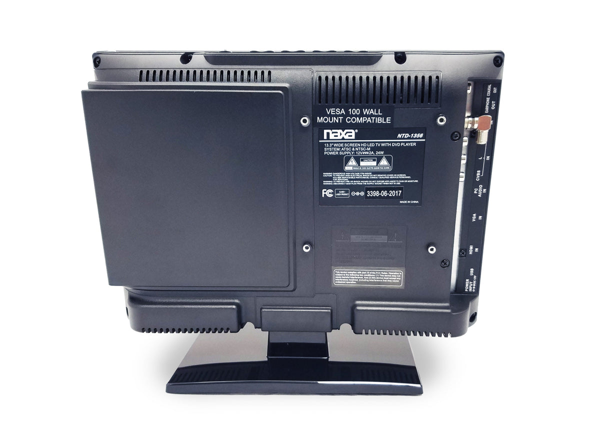 Naxa 13.3-inch 12V LED HDTV with DVD player and media capabilities, shown from the rear view in the product image.