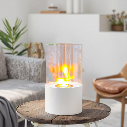 White 11.4-inch round portable tabletop fireplace by JHY DESIGN, featuring gel and ethanol fire options for cozy outdoor heating.