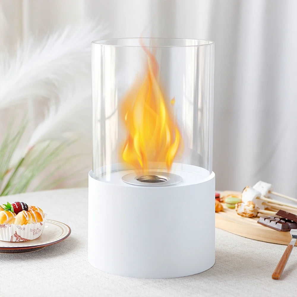 White 11.4-inch round portable tabletop fireplace by JHY DESIGN, featuring gel and ethanol fuel options for indoor or outdoor use.