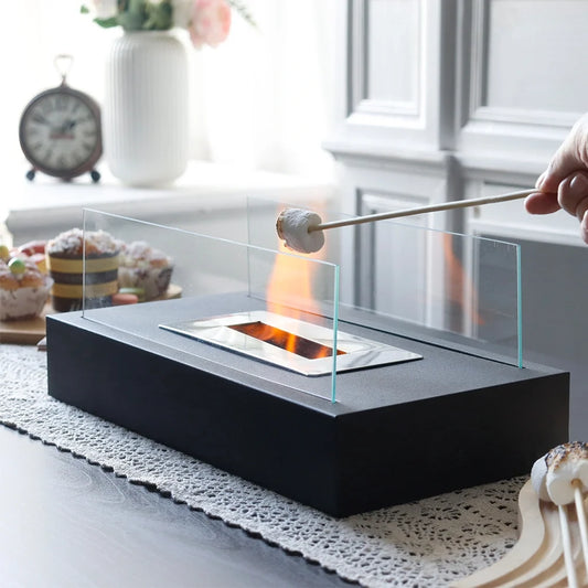JHY DESIGN Square tabletop fire bowl with two-sided glass for gel and ethanol flames, ideal for patio ambiance.