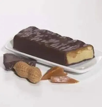 AmBari Nutrition Caramel Nut Protein Bar showing a chocolate-covered bar with caramel and nut pieces on top.