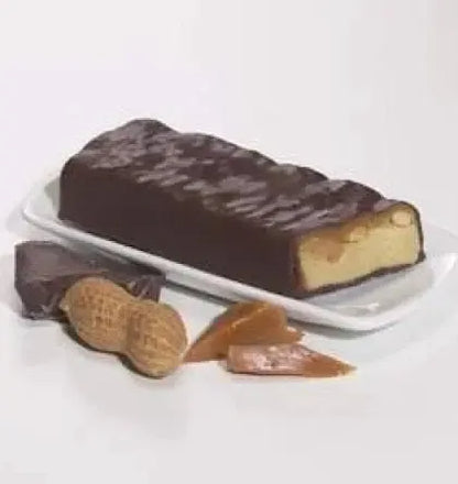 AmBari Nutrition Caramel Nut Protein Bar showing a chocolate-covered bar with caramel and nut pieces on top.