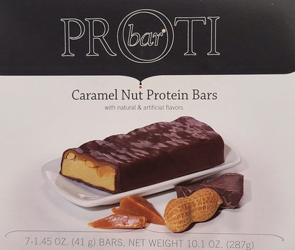 AmBari Nutrition Caramel Nut Protein Bar showing a close-up of the bar with caramel and nut pieces on the surface.