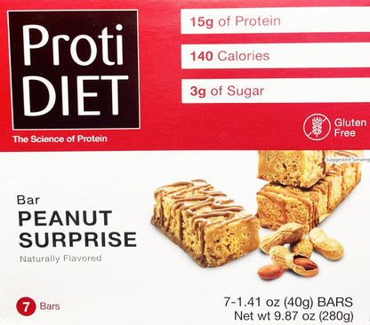 AmBari Nutrition Peanut Surprise Bar, a protein bar with peanut flavor and chocolate coating, displayed on a white background.