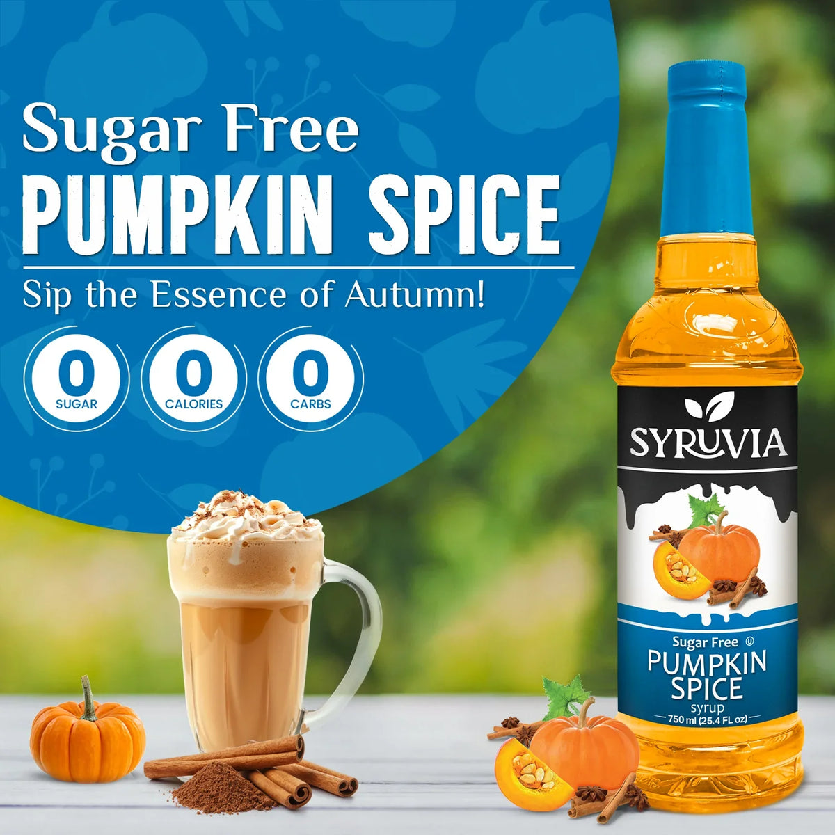Sugar free pumpkin spice syrup by Syruvia, showing a clear bottle of pumpkin spice-flavored syrup with a label and cap.