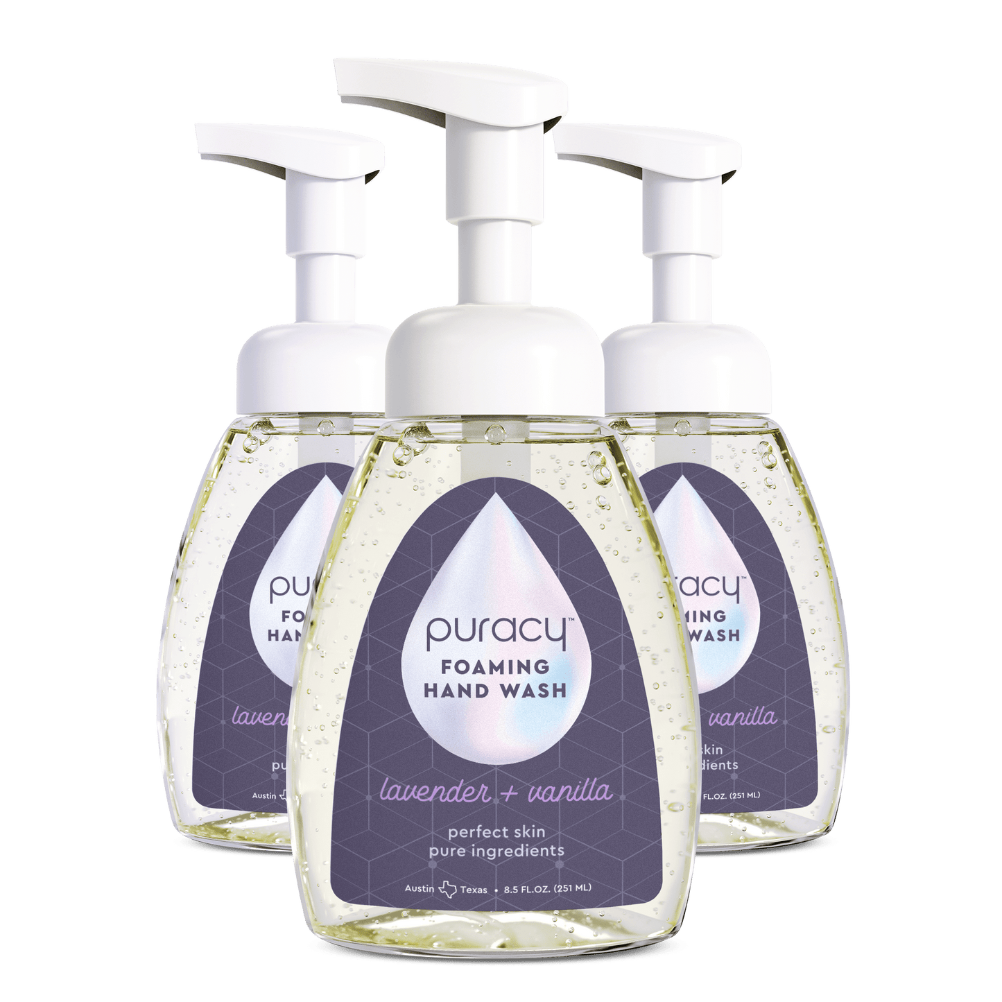 Puracy lavender vanilla foaming hand soap in a standard pack of 3 bottles with pump dispensers, gentle and fragrant hand cleanser.