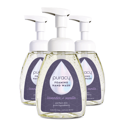 Puracy lavender vanilla foaming hand soap in a standard pack of 3 bottles with pump dispensers, gentle and fragrant hand cleanser.