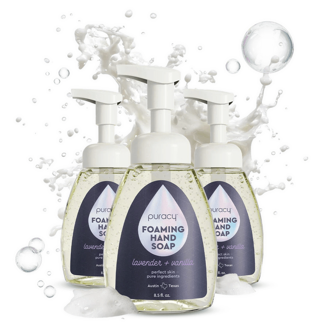 Puracy lavender vanilla foaming hand soap bottles in a standard pack of three with soft lavender and vanilla scent.