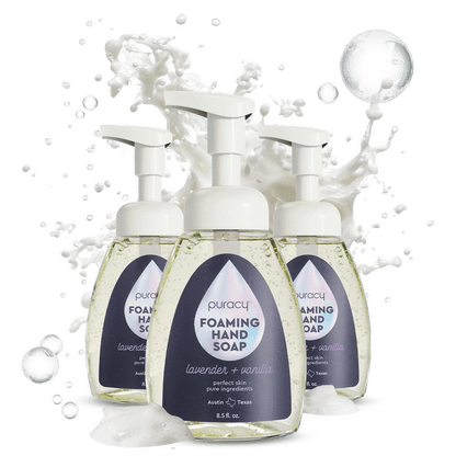 Puracy lavender vanilla foaming hand soap bottles in a standard pack of three with soft lavender and vanilla scent.