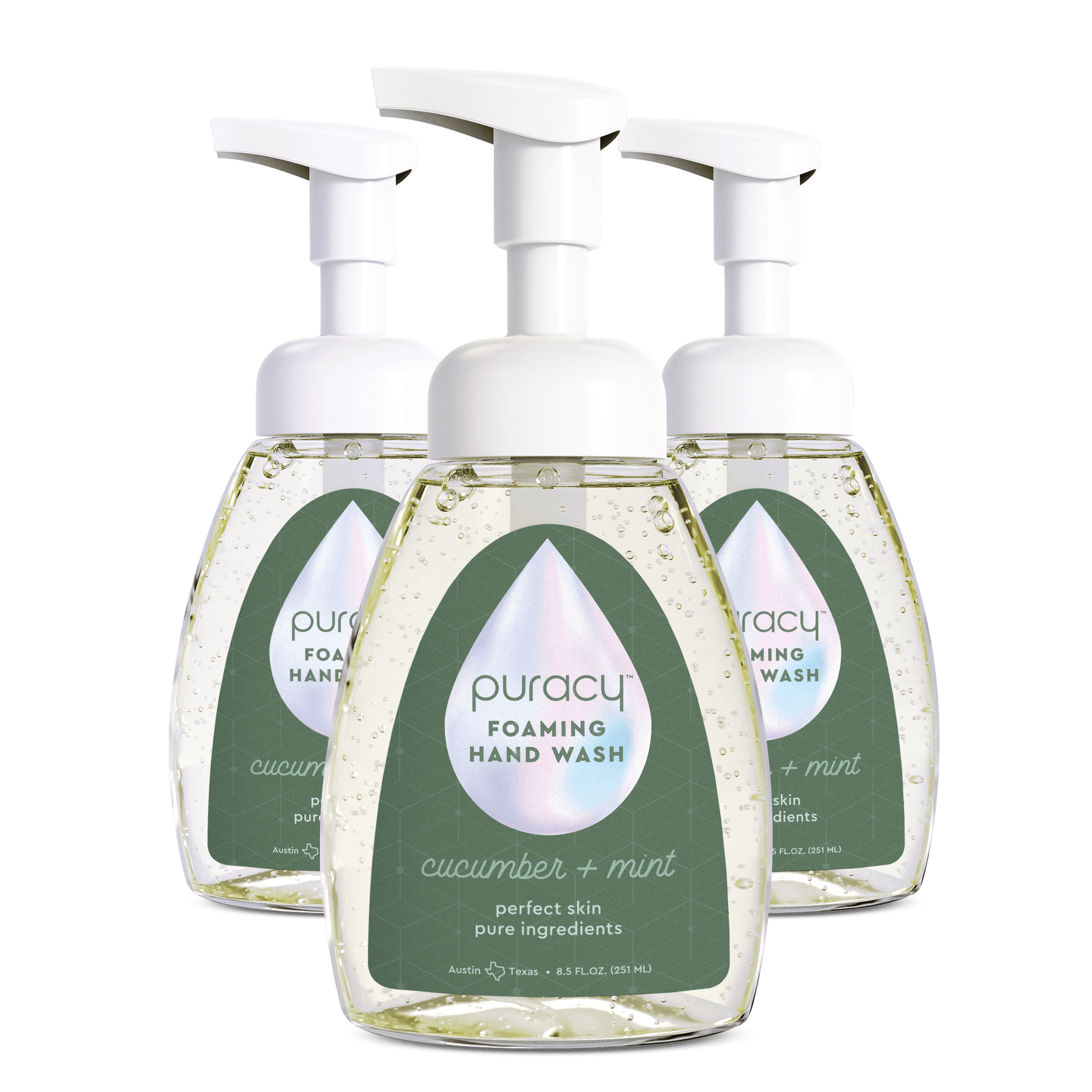 Puracy lavender vanilla foaming hand soap bottles in a standard pack of three, featuring a white pump dispenser and lavender-vanilla scent.