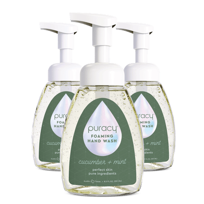 Puracy lavender vanilla foaming hand soap bottles in a standard pack of three, featuring a white pump dispenser and lavender-vanilla scent.