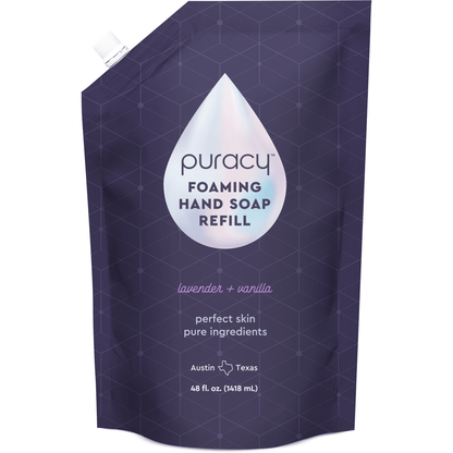 Puracy lavender vanilla foaming hand soap bottles, natural hand wash with floral scent in a pack of three.