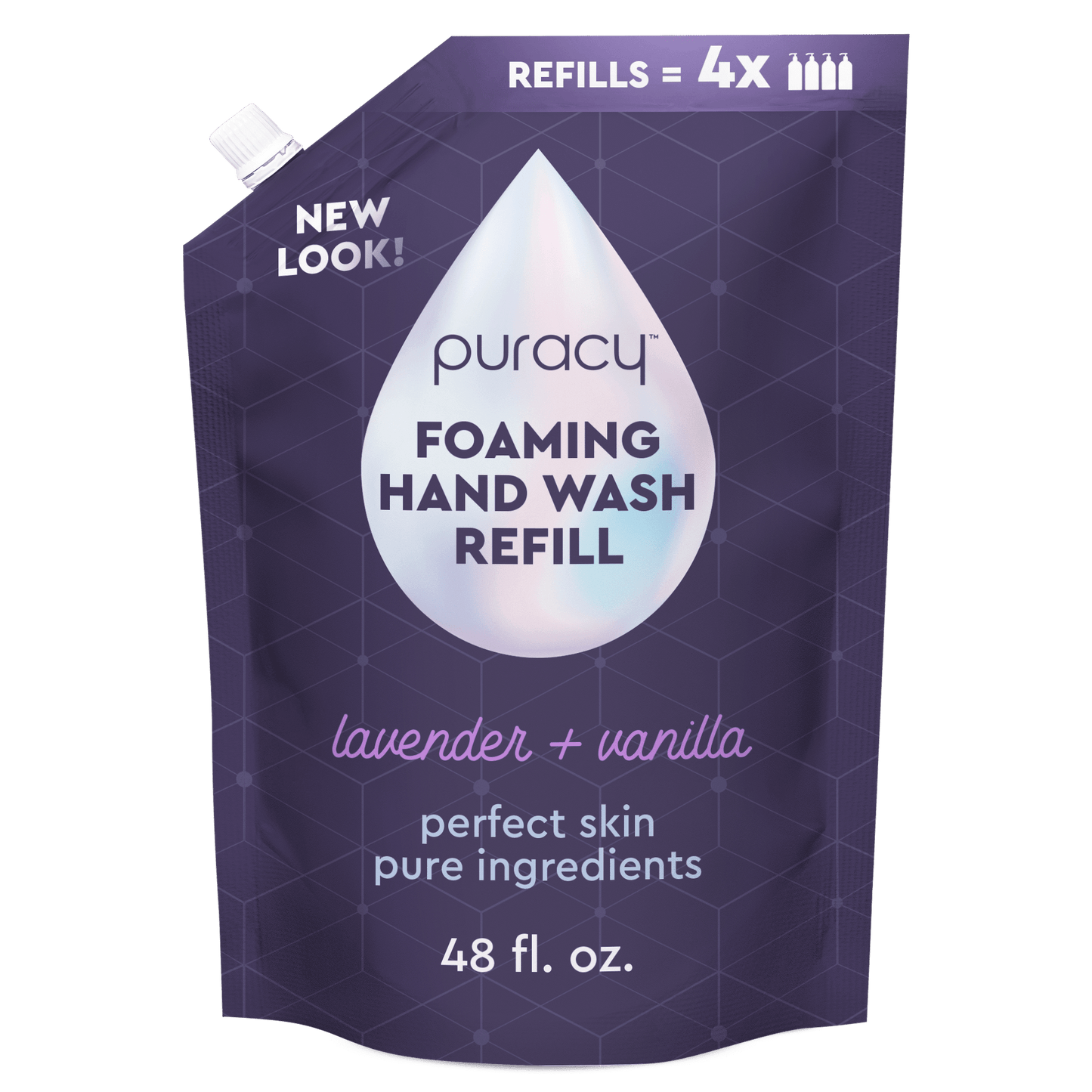 Puracy lavender vanilla foaming hand soap bottles in a standard pack of three, showcasing the product's label and packaging design.
