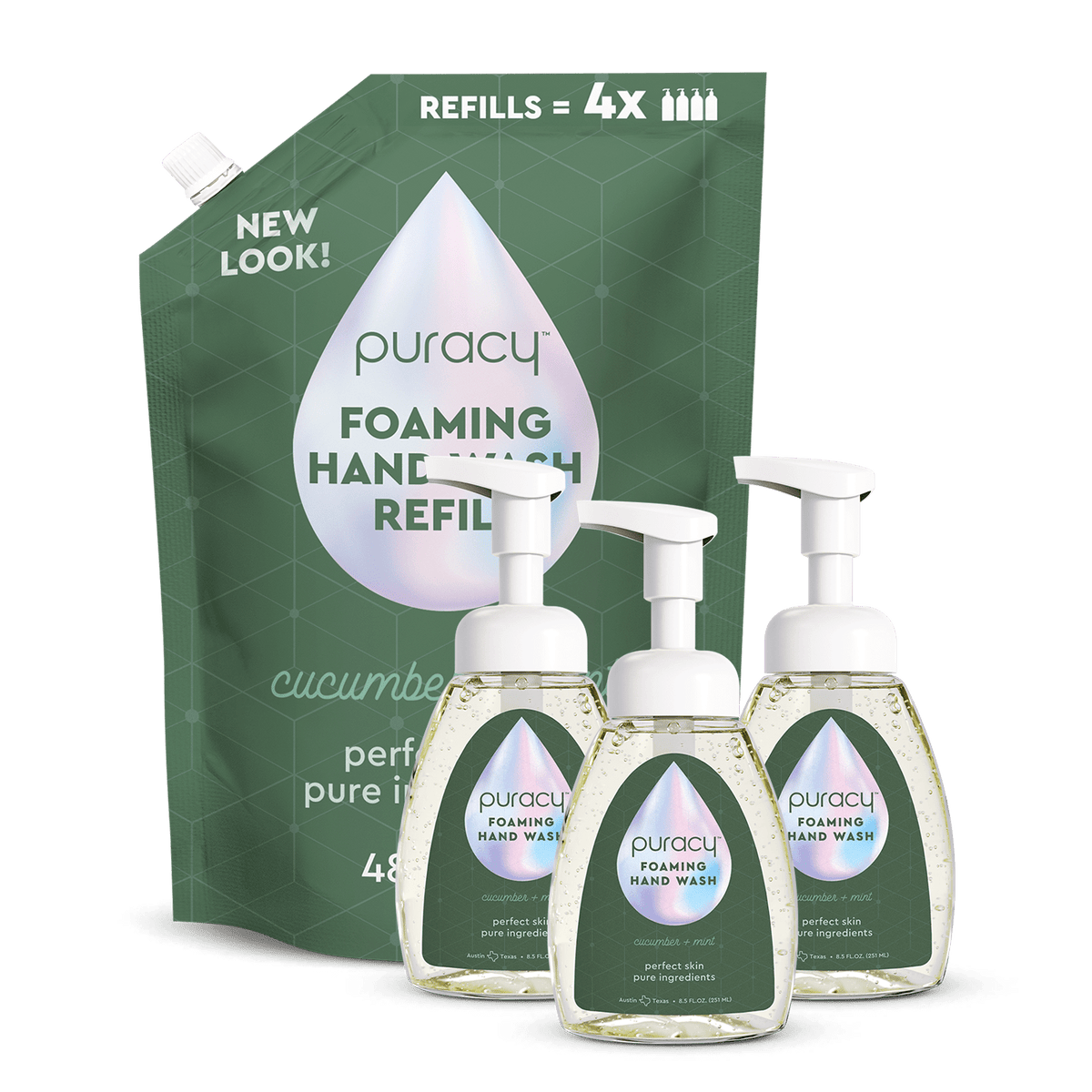 Puracy lavender vanilla foaming hand soap set of 3 bottles with pump dispensers and clear labels, designed for gentle hand cleansing.