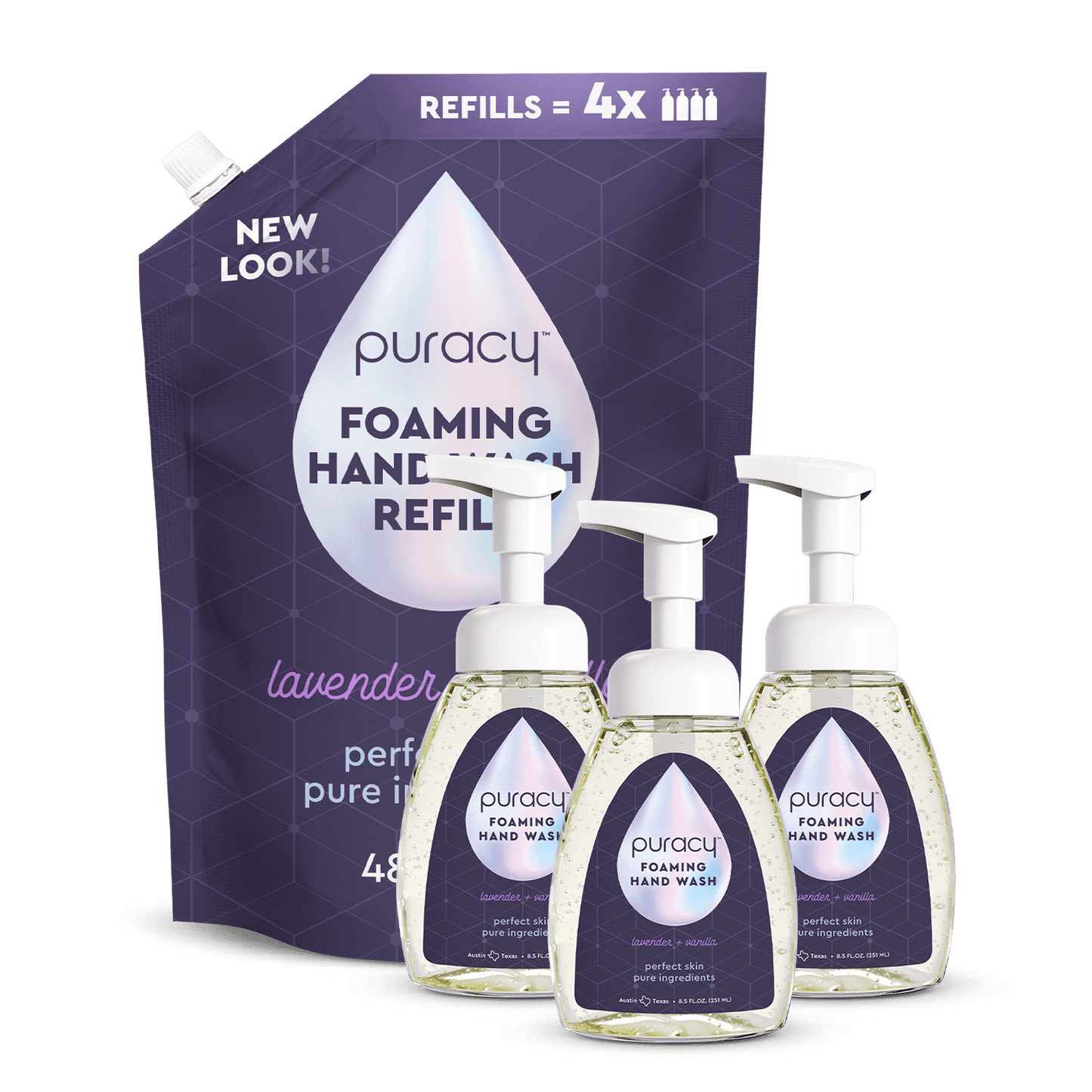 Set of three Puracy foaming hand soap bottles with lavender vanilla scent, featuring pump dispensers and clear labels.