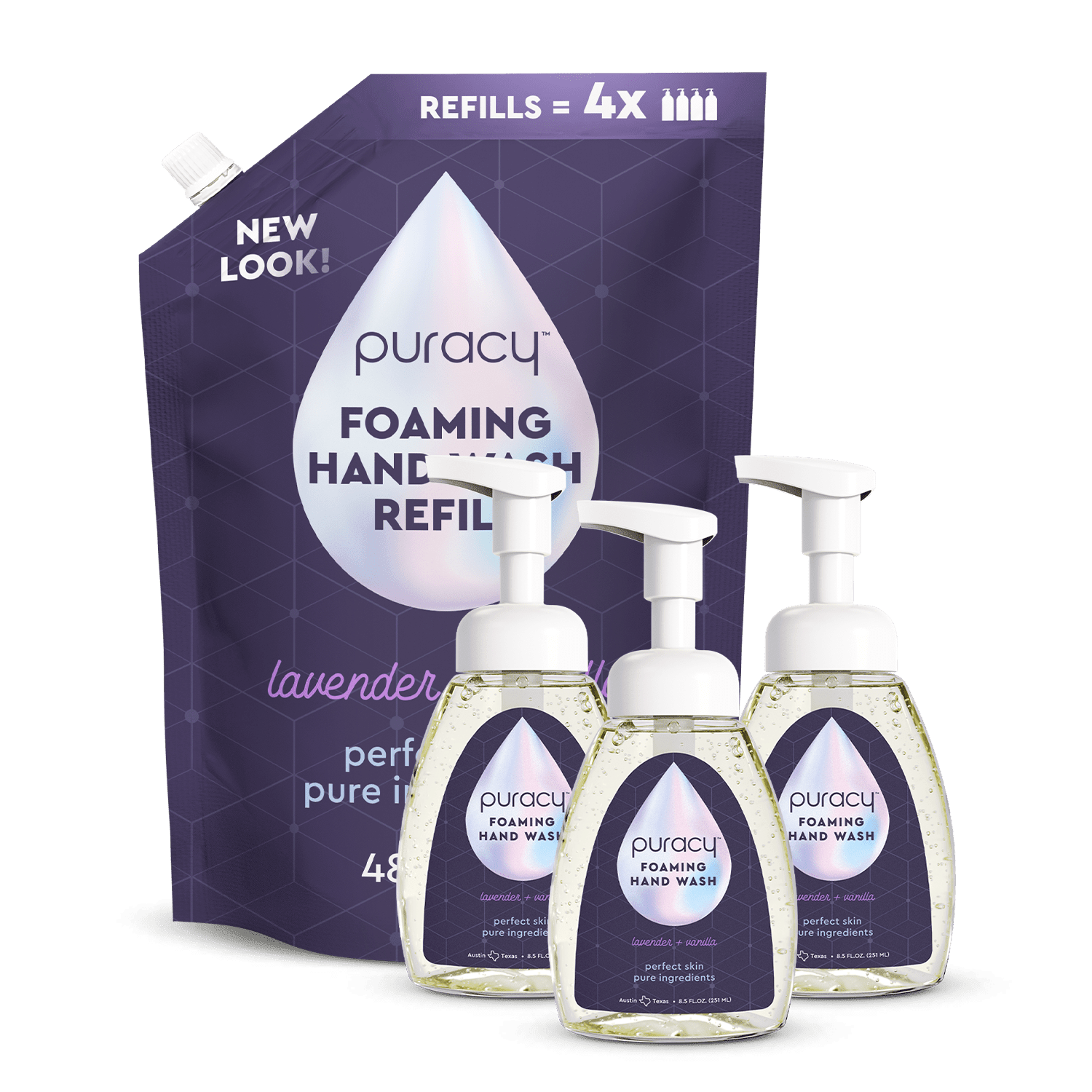 Set of three Puracy foaming hand soap bottles with lavender vanilla scent, featuring pump dispensers and clear labels.