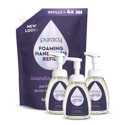 Set of three Puracy foaming hand soap bottles with lavender vanilla scent, featuring pump dispensers and clear labels.