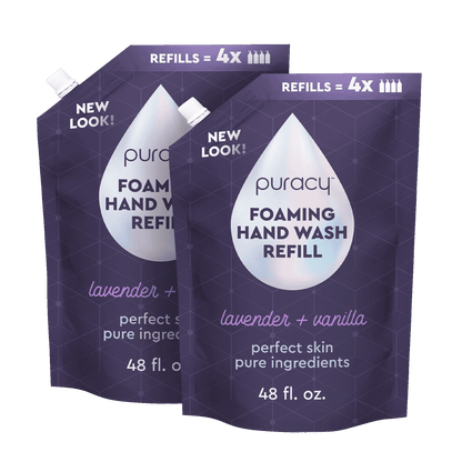 Puracy lavender vanilla foaming hand soap in a standard pack of three bottles, showing the soap dispenser with lavender and vanilla scent