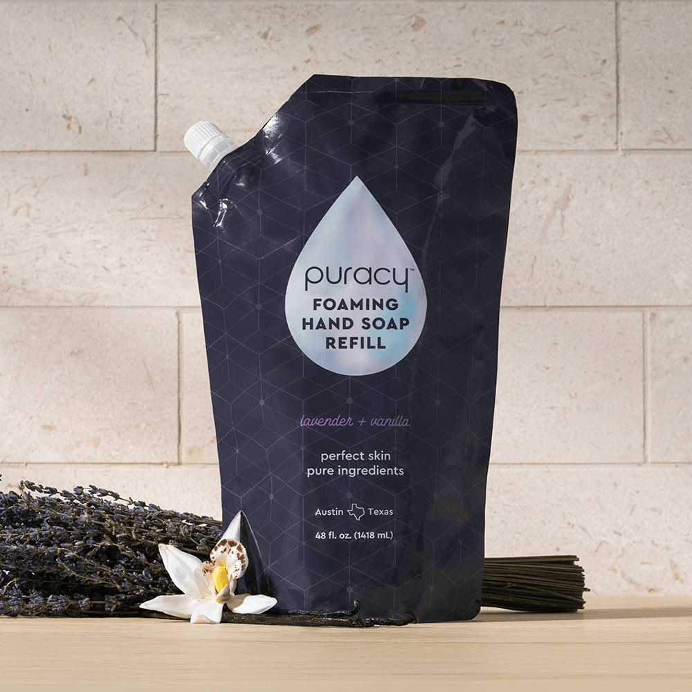 Puracy lavender vanilla foaming hand soap in a pump bottle, set of three, with a gentle, nourishing formula and floral scent.