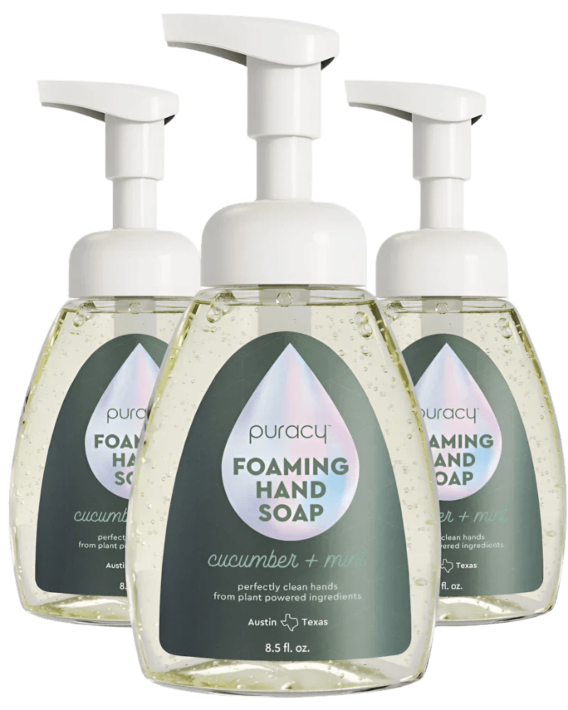 Puracy lavender vanilla foaming hand soap bottles in a pack of three, showing the soap dispenser and label.