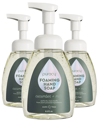 Puracy lavender vanilla foaming hand soap bottles in a pack of three, showing the soap dispenser and label.