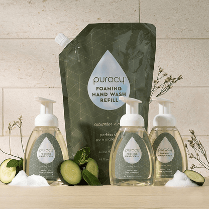 Puracy lavender vanilla foaming hand soap bottles displayed in a standard pack of three, featuring elegant labeling.